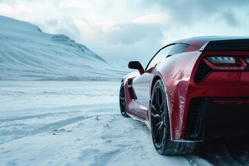 A vibrant red sports car effortlessly drives through the snowy landscape, leaving a trail behind it, A sports car parked amidst a snowy landscape, AI Generated