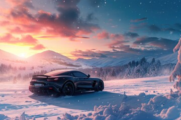 A car drives through a field covered in snow, leaving tracks in its wake, A sports car parked amidst a snowy landscape, AI Generated