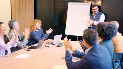 Coworkers applauding during a colleague presentation of a project