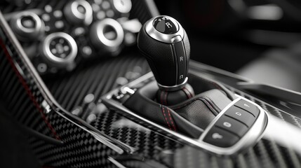 Close-up of modern luxury car interior with automatic gear shift stick and multi-function central...