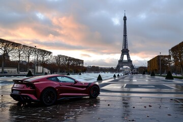 A vibrant red sports car is parked in front of the iconic Eiffel Tower in Paris, A sports car parked near the Eiffel tower, AI Generated
