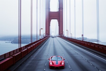 A vibrant red sports car speeds across a bridge, showcasing its power and agility, A sports car traveling across the Golden Gate Bridge, AI Generated © Iftikhar alam
