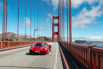 A bright red sports car speeds across the iconic Golden Gate Bridge in San Francisco, A sports car...