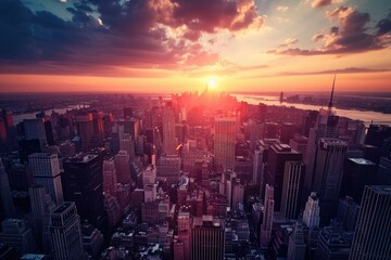 The sun casts a warm golden glow as it sets over a bustling city, illuminating towering skyscrapers and busy streets below, A sprawling metropolis at sunset viewed from above, AI Generated