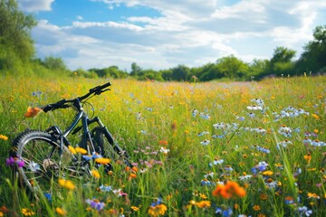 A vintage red bicycle stands parked among a vibrant, colorful field of wildflowers under a blue sky, A spring meadow filled with wildflowers, with a bike laying on the ground nearby, AI Generated
