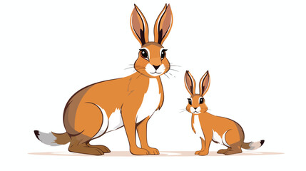 Brown Hare Mom and baby cartoon. Outlined illustration