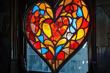 A heart shaped stained glass window with vibrant colors and intricate patterns in a building, A stained glass window with an intricate heart design, AI Generated