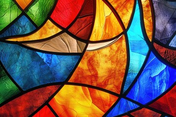 A detailed close-up photo capturing the intricate design and vibrant colors of a stained glass window in a cathedral, A stained-glass window-style design using bold colors, AI Generated