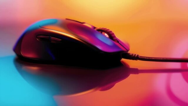 The reflection of a players expression of triumph in the sleek surface of a gaming mouse after successfully exeing a difficult maneuver.