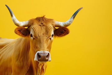 Brown Cow With Long Horns Against Yellow Background - obrazy, fototapety, plakaty