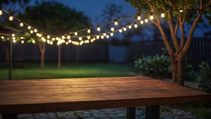 Empty Wood table top with decorative outdoor string lights hanging on tree in the garden at night time, Glowing Natural background.	