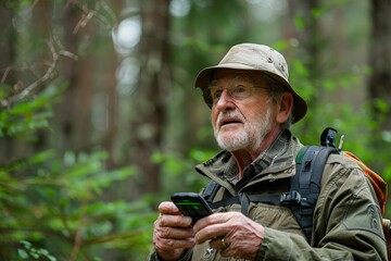 Fototapeta premium Portrait of an elderly gray-haired man in tourist outfit with backpack holding GPS device in his hand outdoors. Senior man practice hiking in forest. Active lifestyle and hobby for retirees.