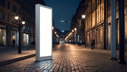 A scene with a blank, white vertical advertising banner on a sidewalk, illuminated by city lights at night Generative AI