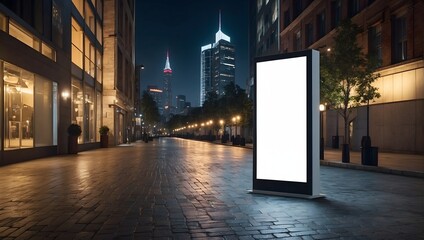 A scene with a blank, white vertical advertising banner on a sidewalk, illuminated by city lights at night Generative AI - obrazy, fototapety, plakaty