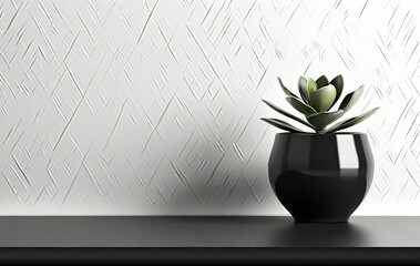 Black vase with small succulent plant on black shelf against white wall background.