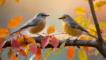 Obraz premium Autumn Serenade: Two Birds Perched Among Vibrant Leaves
