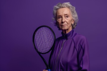 Close-up portrait of elderly gray-haired Caucasian woman holding tennis racket on a vibrant violet background. Senior sporty lady plays tennis. Active lifestyle and hobby for retirees.