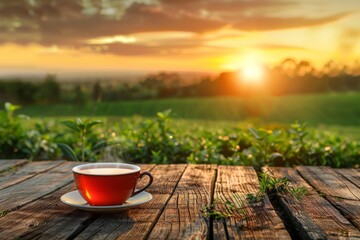 Tea cup on wooden table with beautiful farm view background