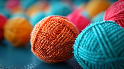 Colorful yarn balls on blue background for craft and hobby. knitting essentials in vibrant colors. texture and material concept. close-up view. AI