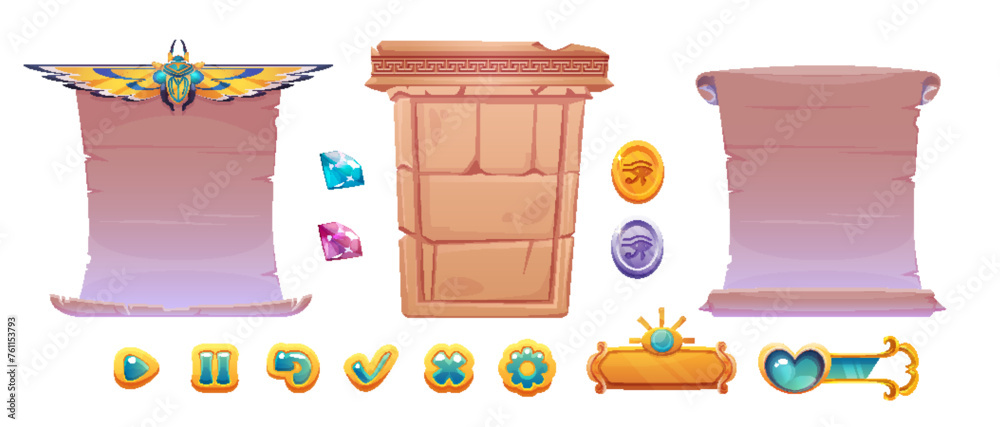 Poster egyptian game ui frame and button collection. cartoon vector illustration set of ancient egypt eleme