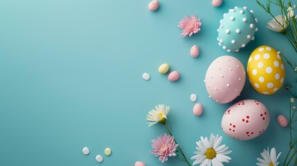 Colorful easter eggs and spring flowers on a pastel blue background. seasonal holiday concept. perfect for greeting card designs. vibrant and joyful. AI
