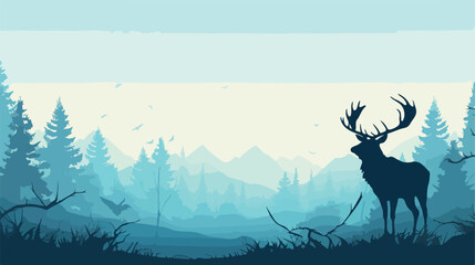 Horizontal banner of forest landscape. Moose 