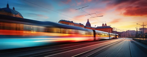 Fotobehang Abstract long exposure dynamic speed light trails of a train in urban town railroad landscape environment with dusk or night time sky line © G