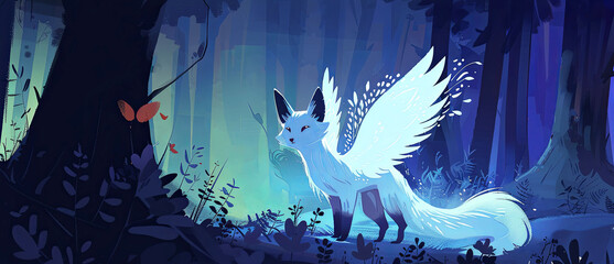 Illustration of  fox with wings in the magic forest. Panorama. Bibi from Asian Mythology. - obrazy, fototapety, plakaty