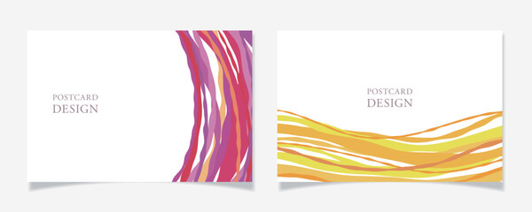波のようなラインで描いたポストカードデザイン02【ピンク系／イエロー系】 - obrazy, fototapety, plakaty