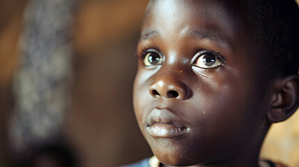 Boy looking sad, close up face, children in Africa despite facing adversity - obrazy, fototapety, plakaty