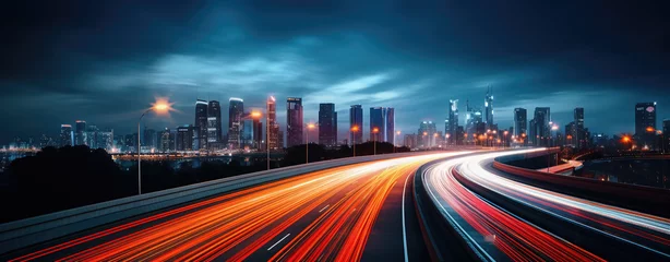 Zelfklevend Fotobehang Abstract long exposure dynamic speed light trails in urban and city highway landscape environment with dusk or night time sky line © G