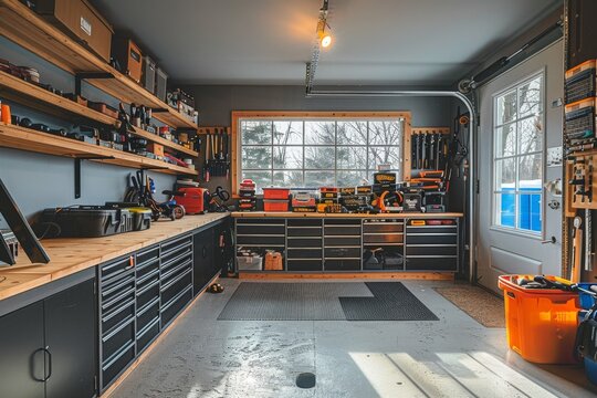 Interior of spacious, bright and clean garage workshop for DIY works and repairs. Workbenches, tools and technical equipment. Bikes, motorcycles and cars repair and tuning.
