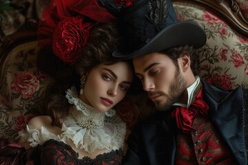 Capturing passion in the renaissance, victorian, and baroque era: a timeless love story portrayed by a couple in vintage attire, embracing the elegance, romance, and nostalgia of historical periods.