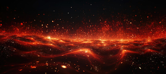 Abstract wallpaper background of Red liquid energy waves texture and orange glitter lights with bokeh and defocused concept art design - obrazy, fototapety, plakaty