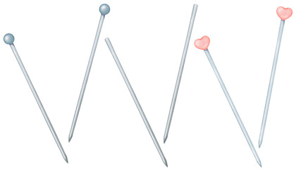 set of assorted metal knitting needles adorned with charming plastic heart-shaped charms, watercolor illustration. for crafting books, decorative for knitting tutorials, and crafting-themed projects