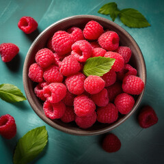 Organic, natural, fresh and healthy red raspberries in a fruit bowl, blue fruit background 