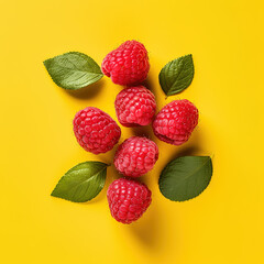 Organic, natural, fresh and healthy red raspberries yellow fruit background 