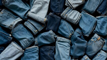 Bird's-eye view of a varied collection of folded and crumpled blue denim jeans Generative AI - obrazy, fototapety, plakaty