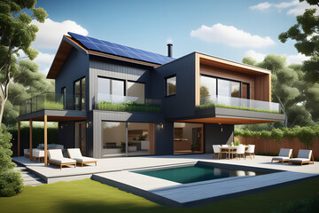 Modern house with solar panels on the roof harnessing clean energy