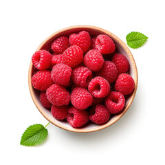 Organic, natural, fresh and healthy red raspberries in a fruit bowl, white fruit background 