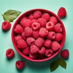 Organic, natural, fresh and healthy red raspberries in a fruit bowl, blue fruit background 