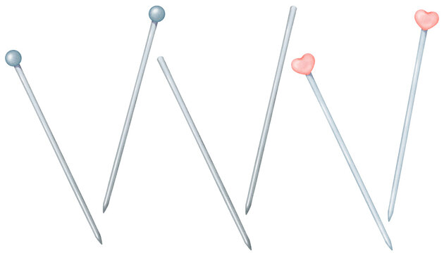 set of assorted metal knitting needles adorned with charming plastic heart-shaped charms, watercolor illustration. for crafting books, decorative for knitting tutorials, and crafting-themed projects