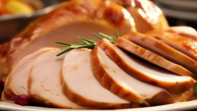 A tempting plate of carved roast turkey, showcasing slices of moist, perfectly cooked meat and a side of stuffing made with a blend of toasted bread, dried herbs, and a touch of chicken