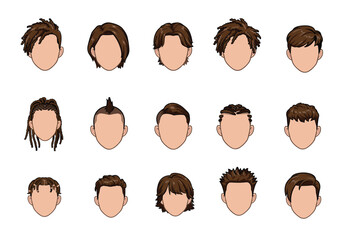 Boy hair set. cute hairstyle. Variety child modern fashion for assortment. long , short , curly hair. salon hairstyles and trendy haircut of male. vector icon set isolated.