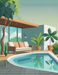 flat art exterior postcard design swimming pool at house modern room with sofa