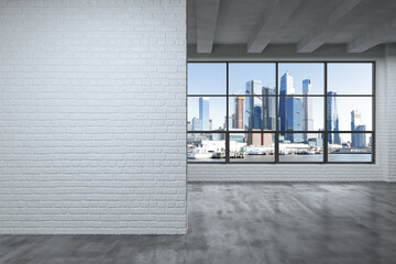 Midtown New York City Manhattan Skyline Buildings from High Rise Window. Mockup white wall. Real...