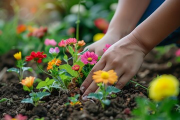 Close-up of woman's hands planting colorful flowers into the soil in home garden. Female gardener decorates a flower bed on a warm spring day. Spring and gardening concept.