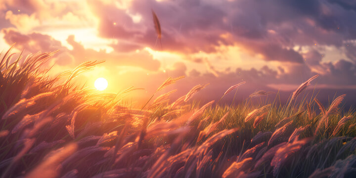 Semi realistic grass sunset scene on white background