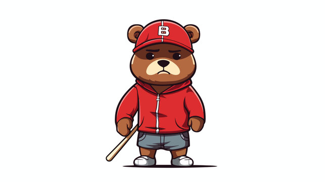 A cartoon baseball player bear looking angry. flat vector