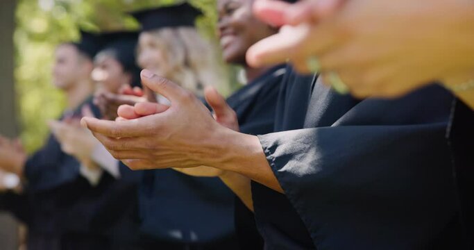 University, applause and hands of students at graduation at ceremony in park at outdoor campus event. Friends, achievement and people at college celebration for education, success and congratulations